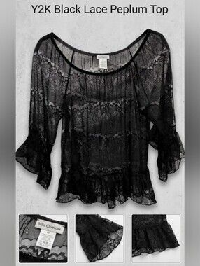 Vintage 90's Black Lace Sheer Peplum Top (Free Size) Whimsygoth Noir Boho